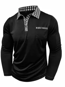 Polo à manches longues pour hommes avec col et détail de poche à carreaux élégants.