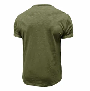 Back view of classic olive green slub cotton short sleeve t-shirt with premium texture