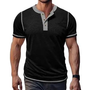 Men's black short-sleeve Henley T-shirt with grey contrast stitching and pocket detail.