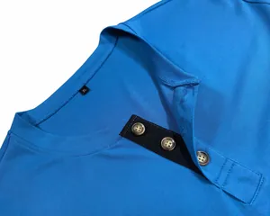 Close-up of blue men's polo shirt showing button placket and textured fabric detail.