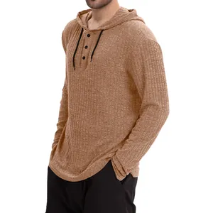 Close-up view of men's khaki rib-knit hoodie showing button placket and texture detail