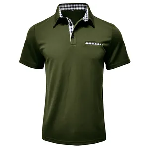 Men's olive green short-sleeved polo shirt with plaid contrast collar and pocket