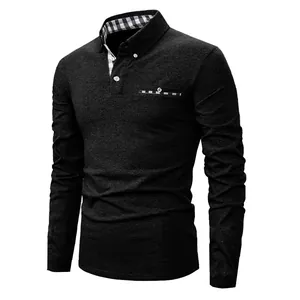 Detailed view of black men's long-sleeve Polo shirt featuring checkered collar and pocket trim