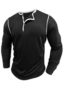 Classic black long sleeve Henley shirt featuring white contrast piping and a three-button placket.