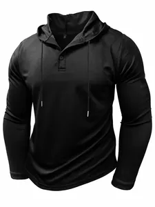 Maglia sportiva da uomo con cappuccio e maniche lunghe, in nero, tessuto ad asciugatura rapida