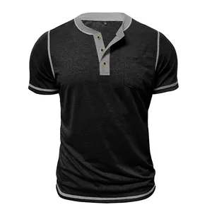Close-up view showing the contrast collar and pocket detail of this men's Henley shirt