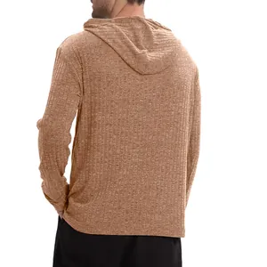 Back detail of men's casual hooded long sleeve shirt featuring premium ribbed fabric texture