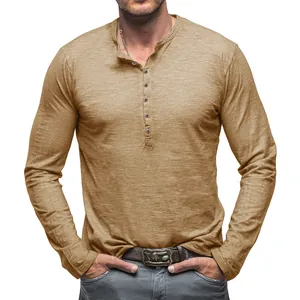 Men's premium long-sleeve Henley shirt in khaki slub cotton featuring a button placket