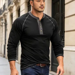 Men's slim-fit black long-sleeve Henley t-shirt with grey contrast trim for autumn