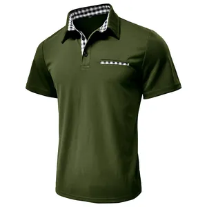 Close-up detail of olive green men's short sleeve polo shirt with checkered collar accent