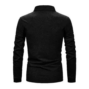 Back view detail of a men's business casual long-sleeve polo shirt in textured black