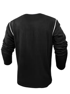 Back view of a men's black long-sleeve T-shirt with white contrast piping details.