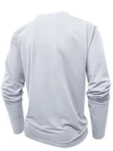 Back view detail of a men's long-sleeve light grey Henley T-shirt with soft texture