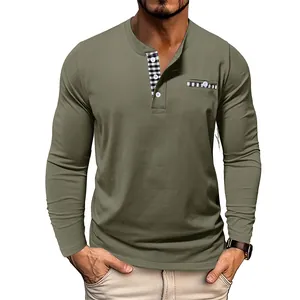 Men's olive green long-sleeve Henley shirt with black and white checkered trim details.