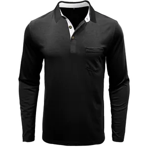 Détail d'un polo noir à manches longues pour homme avec poche et col contrasté blanc.