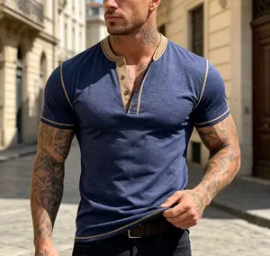 Slim fit navy blue Henley t-shirt for men with contrast khaki trim and button detail