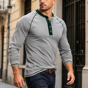 Men's slim fit long sleeve Henley shirt with contrast green stitching details