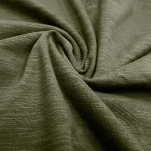 Macro detail of breathable olive green slub cotton fabric texture for men's Henley shirt