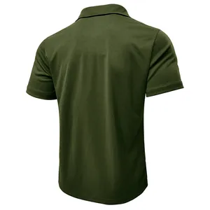 Detailed back view of a breathable dark green moisture-wicking men's polo shirt