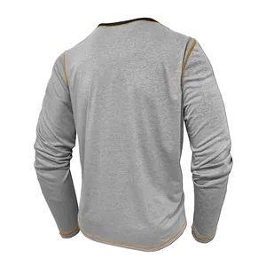 Detailed back view of grey men's long-sleeve quick-dry T-shirt with orange stitching