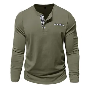 Close-up detail of olive green men's long sleeve Henley shirt with plaid collar trim.