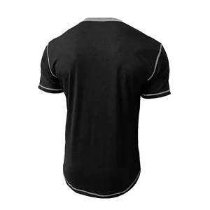 Back view of a men's black short-sleeve athletic T-shirt with grey contrast piping.