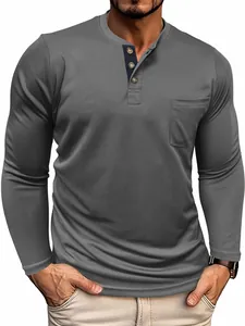 Close-up of men's dark gray long-sleeve Henley shirt featuring a chest pocket detail