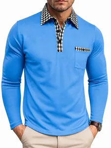 Détail rapproché du polo bleu à manches longues pour hommes avec col à carreaux chic