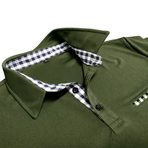 Macro view showing the textured fabric and checkered collar of men's olive green polo shirt