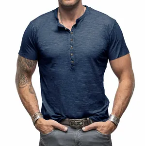 Macro detail of navy blue slub cotton Henley t-shirt for men with six button placket.