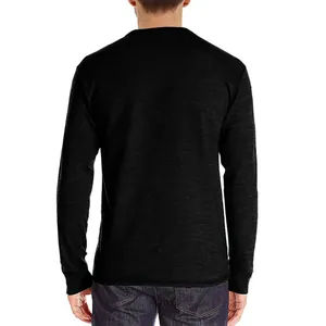 Detail showing the back and seams of a slim fit black cotton long-sleeve T-shirt.