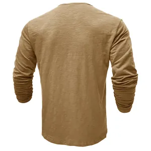 Detailed back view of a khaki slub cotton long sleeve Henley t-shirt for men's casual wear