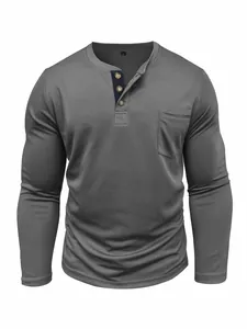 Detailed front view of a grey men's long sleeve Henley shirt featuring a chest pocket