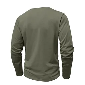 Rear view of a men's olive green long-sleeve Henley shirt showing fabric texture.