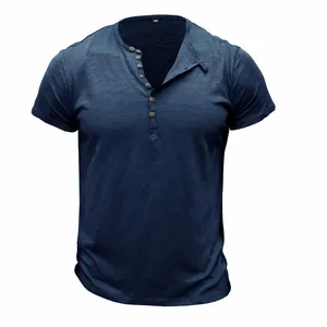 Men's navy blue slub cotton Henley shirt with short sleeves and button neck detail