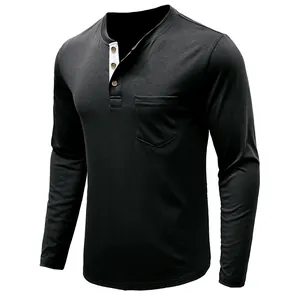 Close-up of black men's Henley shirt featuring white contrast placket and pocket detail