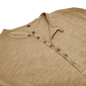 Close-up of men's slub cotton Henley shirt collar and button details