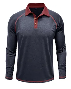 Polo manches longues gris foncé pour homme avec col bordeaux et coutures contrastées