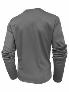 Back view of a men's grey long-sleeved sporty T-shirt showing breathable fabric texture