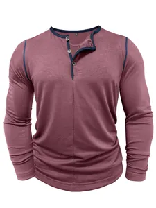 Detailed view of men's long sleeve Henley shirt in mauve with navy trim