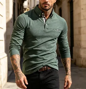 Detail view of men's green long-sleeved polo shirt featuring stylish checkered collar lining