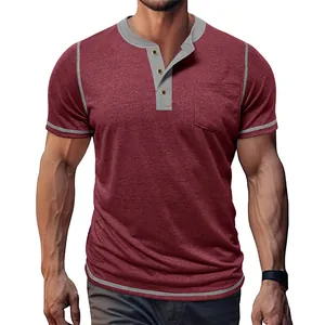 Close-up view of a men's burgundy Henley t-shirt featuring stylish grey contrast trim details