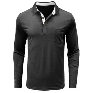 Vue de face polo manches longues homme gris anthracite en coton avec col contrasté