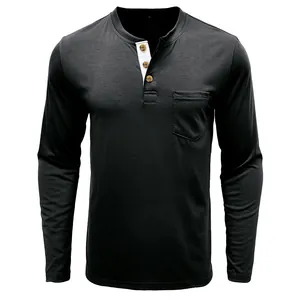 Men's black long-sleeve slim fit Henley shirt with contrast white placket and chest pocket.