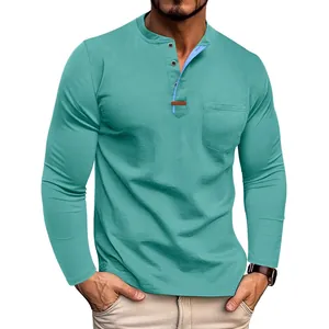 Men's Casual Long Sleeve Henley Shirt Cotton Blend Color Block Button Placket Slim Fit T-Shirt with Chest Pocket for Daily