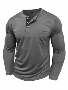Close-up of the three-button placket and casual chest pocket on a grey Henley shirt