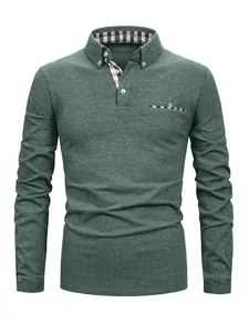 Close-up detail showing checkered collar and pocket of a green long-sleeve polo shirt