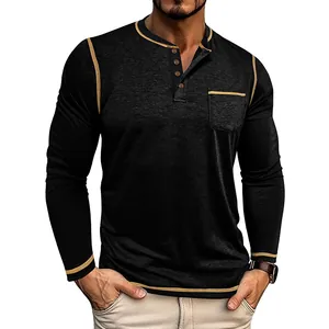 Detailed view of men's long-sleeve Henley t-shirt with four buttons and contrast trim details
