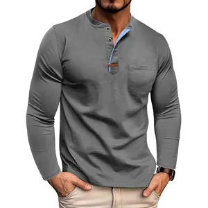 Long-sleeved Henley shirt for men with blue contrast trim and chest pocket