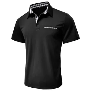 Men's breathable black short sleeve Polo shirt with stylish plaid contrast collar and pocket